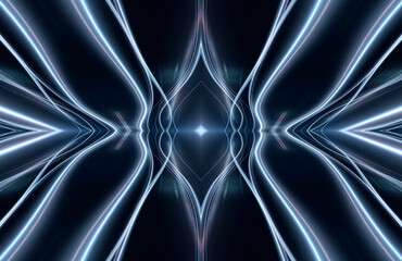 Naklejka premium Abstract dark futuristic blue night background. Rays and lines, lightning, lights. Blue neon light, symmetrical reflection in water, energy. 3D illustration.