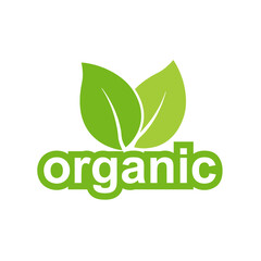 Organic logo or label with two raw green leaves, vector illustration
