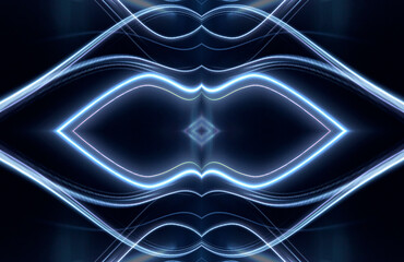 Abstract dark futuristic blue night background. Rays and lines, lightning, lights. Blue neon light, symmetrical reflection in water, energy. 3D illustration.