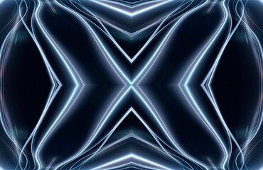 Fototapeta na wymiar Abstract dark futuristic blue night background. Rays and lines, lightning, lights. Blue neon light, symmetrical reflection in water, energy. 3D illustration.