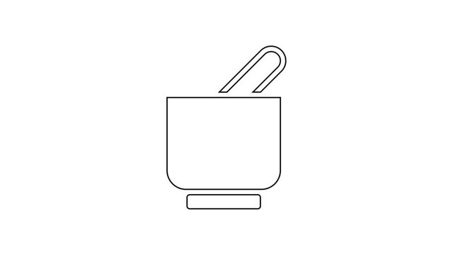 Black line Mortar and pestle icon isolated on white background. 4K Video motion graphic animation.