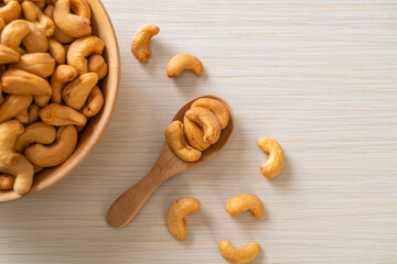 Cashew nuts in wooden bowl