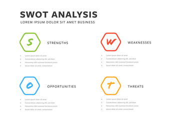 Swot analysis template with colored hexagon shapes, Clean design layout with letter icons