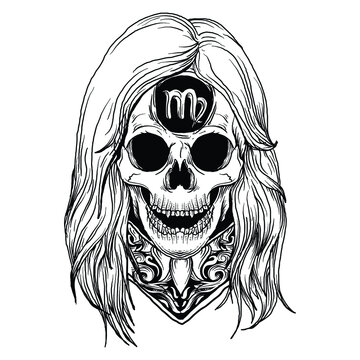 tattoo and t-shirt design black and white hand drawn virgo skull zodiac premium vector