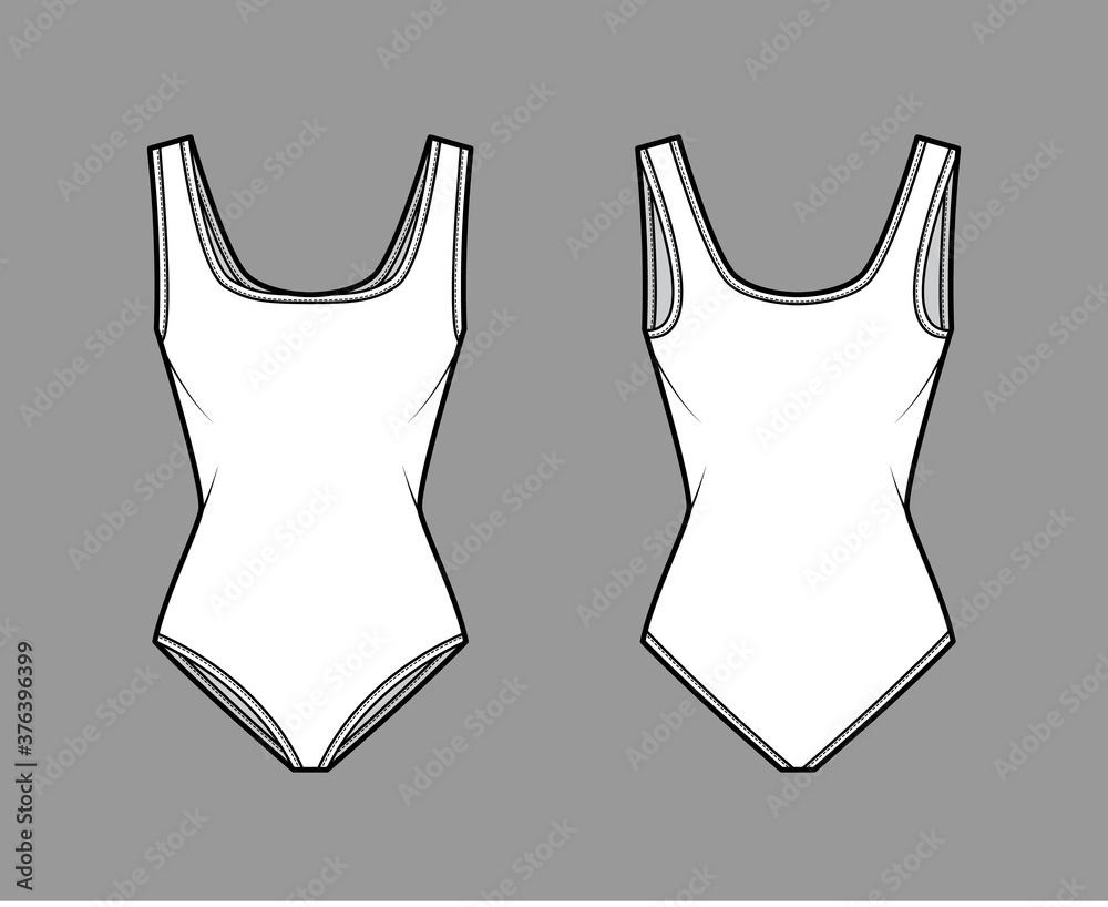 Wall mural Stretch bodysuit technical fashion illustration with square neckline, wide straps, medium brief coverage. Flat outwear one-piece template front, back white color. Women men unisex swimsuit CAD mockup - Wall murals
