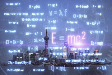 Fototapeta premium Double exposure of sience formula drawing and cityscape background. Concept of education.
