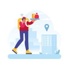 Vector design for online delivery food service. Male cartoon character courier