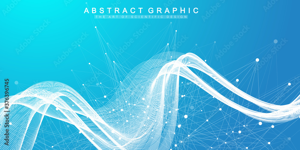 Poster Abstract scientific background with dynamic particles, wave flow. Plexus stream background. 3D data visualization with fractal elements. Cyberpunk style. Digital vector illustration