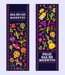 Dias de los Muertos typography banners vector. Mexico design for fiesta cards or party invitation, poster. Flowers traditional mexican frame with floral letters on dark background.