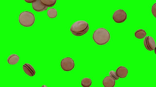 Multicolored Macarons Cake Falling on Green Screen Background With Alpha Matte