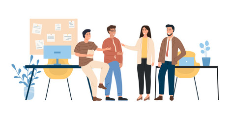 Colleagues at work in office. Coworkers on a break. Relaxing communicate. Business people. Corporate workers. Workflow. Office space. Working environment. Colorful Flat Vector Illustration