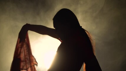 Silhouette a young woman dancer in a red sari. Indian folk dance. Shot in a dark studio with smoke and neon lighting.