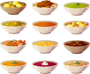 Vector illustration of various international soups and stews in colorful bowls isolated on white background.