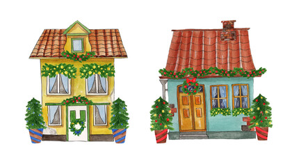 Fototapeta na wymiar Watercolor illustration of houses decorated for Christmas. Isolated on a white background