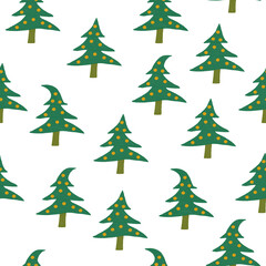 Seamless pattern with New Year Christmas trees with yellow Christmas decoration on a white background