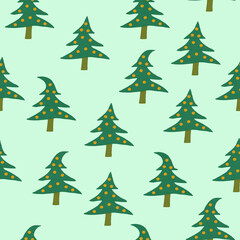 seamless pattern with New Year Christmas trees on a green background 