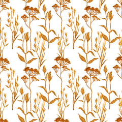 Floral seamless pattern with grass gold. Hand drawn sketch style. Nature background on white.