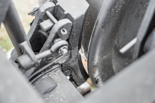 Close-up of train brake pads