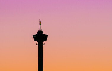 SIlhouette of tower Näsinneula on sunset in Tampere, Finland