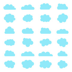 Cloud icons. Blue shapes of sky in cartoon style. Bubbles and balloons on white background. Set of abstract tags. Simple of graphic heaven symbols. Paper boxes for speech. Isolated banners. Vector