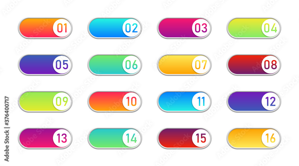 Poster button with switch and number. bullet with toggle and borders. color icons with sliders for ui, app 