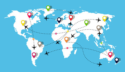 Map with airplanes flight. Travel in world on plane. Route of airline with aeroplane path. Air traffic for delivery from china to us and europe. Tracks of flying and airports for trip plan. Vector