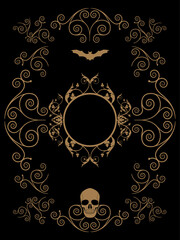 Frame illustration ornamental background with terrifying symbols. Skulls and vampires.