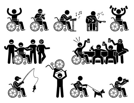 Happy disabled man doing various activities, hobbies, and leading a normal life stick figures icons. Vector illustrations of a person on wheelchair having a good social life, exercise, and recreation.