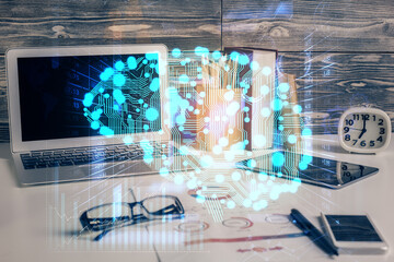 Double exposure of desktop computer and human brain drawing hologram. Ai concept.