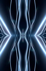 Naklejka premium Abstract dark futuristic blue night background. Rays and lines, lightning, lights. Blue neon light, symmetrical reflection in water, energy. 3D illustration.