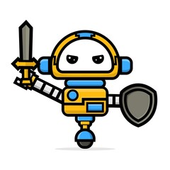 Cute characters robot holding sword and shield