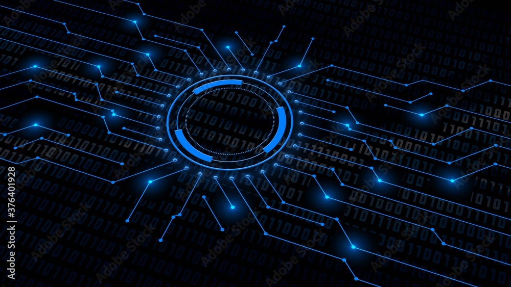 Poster digital security concept - concentric rings in center of data circuit lines in front of a binary cod