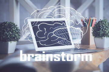 Desktop computer background in office and start up theme hologram drawing. Double exposure. Startup...
