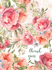 Poster Watercolor Thank you card. Floral design with peony and roses © ldinka