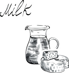 Milk, cheese food outline sketch vector isolated illustration and lettering on white background. Concept for menu, cards , print, logo