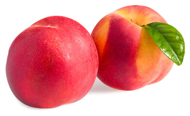 peach fruits with green leaf isolated on white background. full depth of field