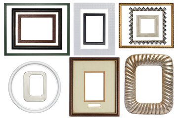 Set of the high resolution imeages of the frames, modern, vintage, old and new ones. Gold, brown, white, green. Wodden, metal, ceramic and marval. 