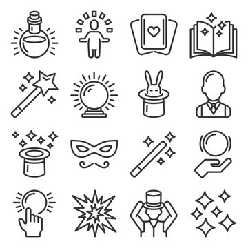 Magic and Trick Icons Set on White Background. Vector