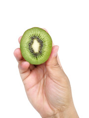 Hand holds sliced half of kiwi fruit and whole kiwi fruit isolated on white background