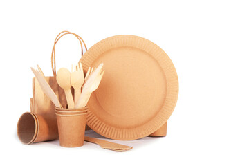 disposable eco tableware made of cardboard spoon fork knife Sustainable planet, on a white...