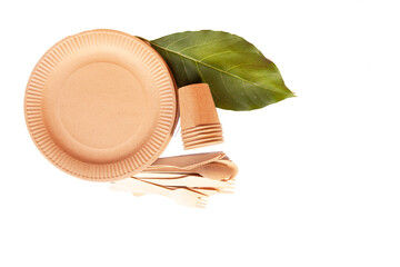 disposable eco tableware made of cardboard spoon fork knife Sustainable planet, on a white background to insert the layout.