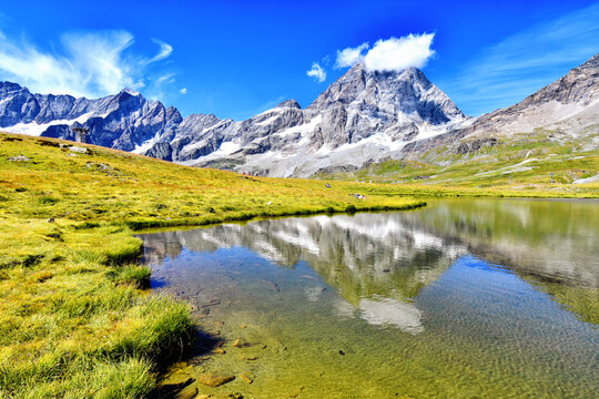 The Matterhorn seen from the Tramail lakes, above Cervinia in the Aosta valley