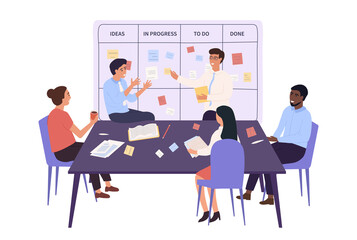 Brainstroming concept. Colleagues are discussing new ideas. Team Building. Business people. Discussion. Workers solve problems. Different races and nationalities. Colorful Flat Vector Illustration.