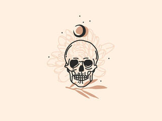 Hand drawn vector abstract stock flat graphic illustration with logo elements ,skull and flowers, magic line moon art in simple style for branding ,isolated on white background