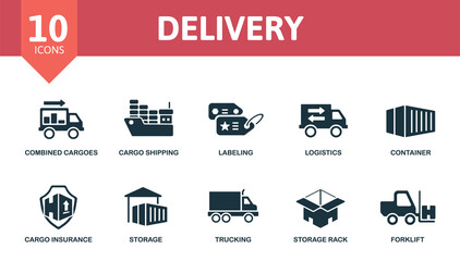 Delivery icon set. Collection contain cargo shipping, labeling, logistics, combined cargoes and over icons. Delivery elements set.