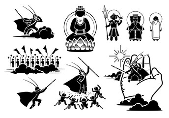 Journey to the West, Sun Wukong challenge and fighting at heaven icons. Vector illustrations of Monkey King vs Gods and Buddha.
