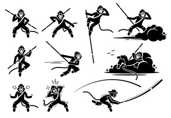 Monkey King or Sun Wukong characters icon set. Vector illustrations of the legendary monkey Son Goku actions, movements, and emotions.
