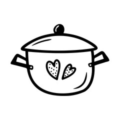 Hand drawn cooking pan on a white isolated background. Elements of kitchen utensils. Doodle, simple outline illustration. It can be used for decoration of textile, paper and other surfaces.