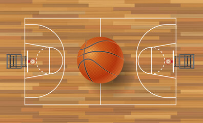 Basketball ball on basketball field background. Basketball court on top. Vector illustration.