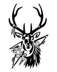 wild deer stag with tribal style feather decor and ornament black and white vector head portrait